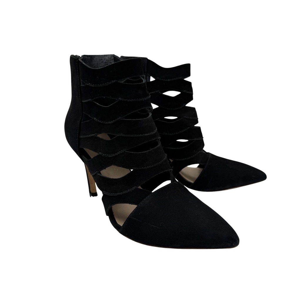 Loeffler Randall Shoes Womens Size 7 Black Suede Cutout Caged Heels Booties‎